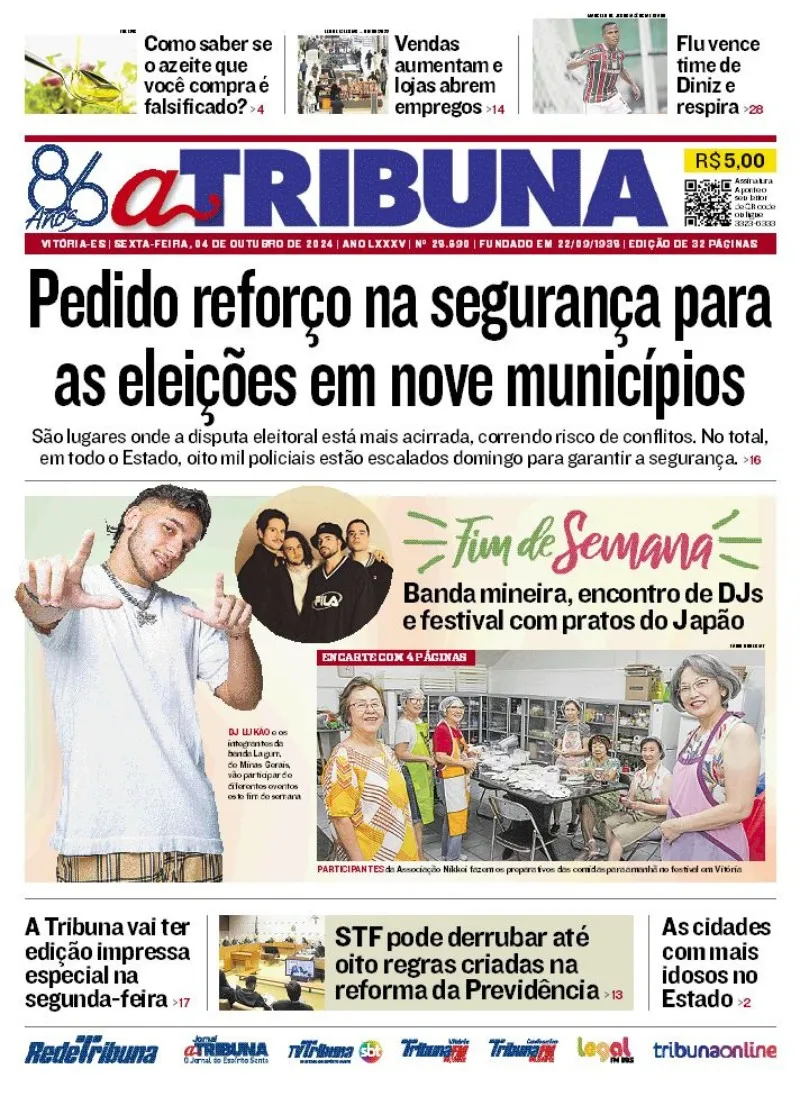 Imagem ilustrativa da imagem Confira os destaques do jornal A Tribuna desta sexta-feira