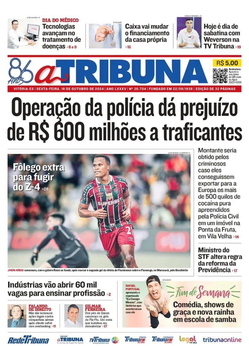 Imagem ilustrativa da imagem Confira os destaques do jornal A Tribuna desta sexta-feira