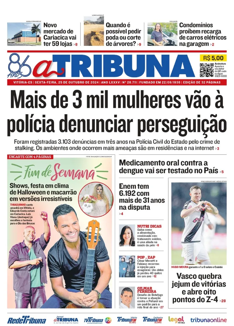 Imagem ilustrativa da imagem Confira os destaques do jornal A Tribuna desta sexta-feira