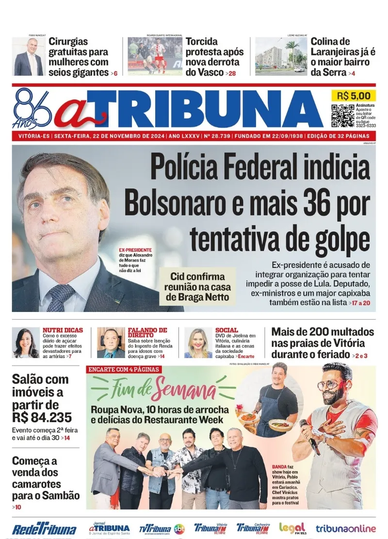 Imagem ilustrativa da imagem Confira os destaques do jornal A Tribuna desta sexta-feira