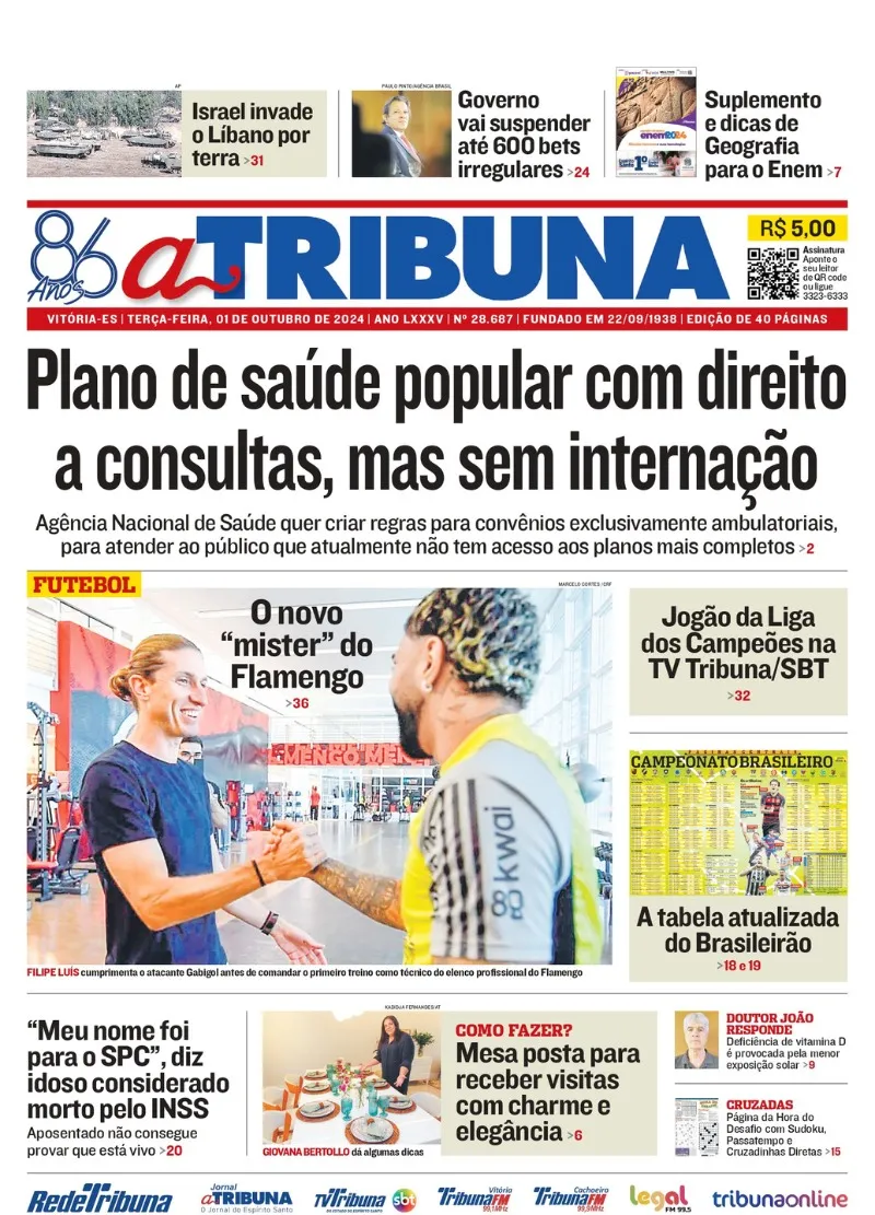 Imagem ilustrativa da imagem Confira os destaques do jornal A Tribuna desta terça-feira