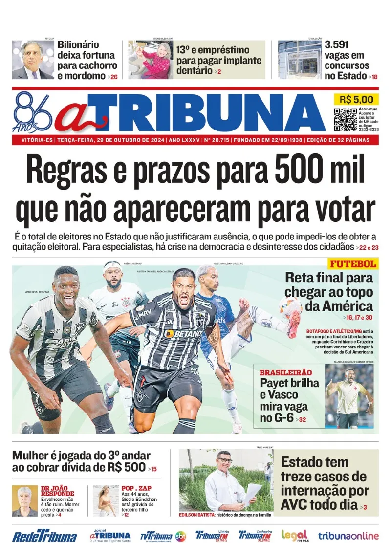 Imagem ilustrativa da imagem Confira os destaques do jornal A Tribuna desta terça-feira