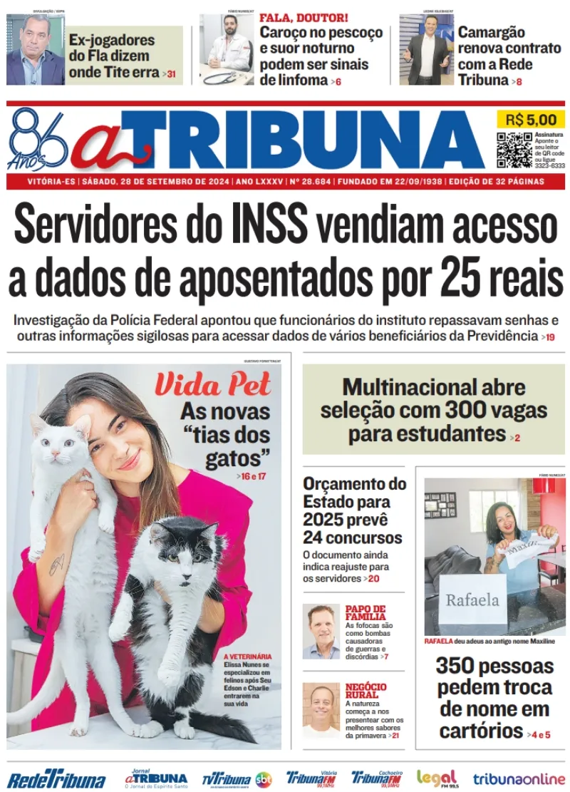 Imagem ilustrativa da imagem Veja os destaques do jornal A Tribuna deste sábado, dia 28 de setembro