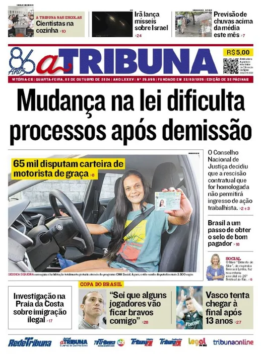 Imagem ilustrativa da imagem Confira os destaques do jornal A Tribuna desta quarta-feira