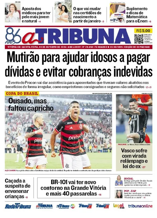 Imagem ilustrativa da imagem Confira os destaques do jornal A Tribuna desta quinta-feira