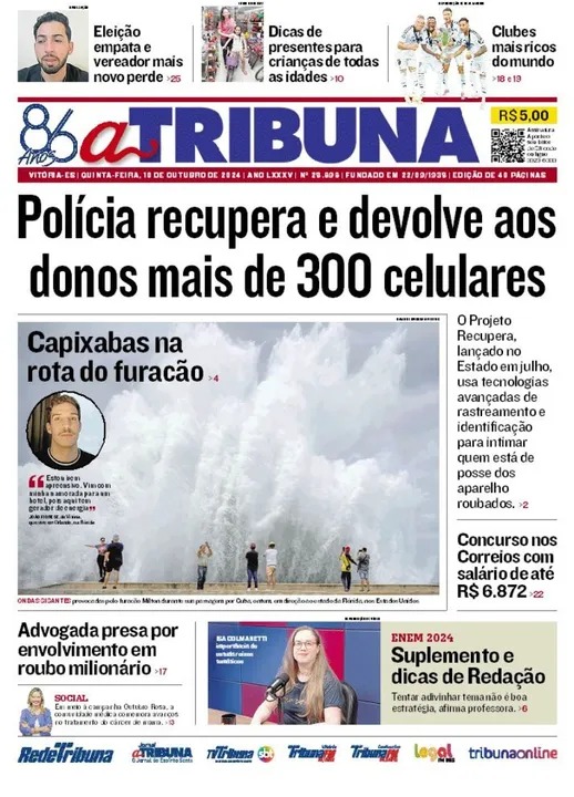 Imagem ilustrativa da imagem Confira os destaques do jornal A Tribuna desta quinta-feira