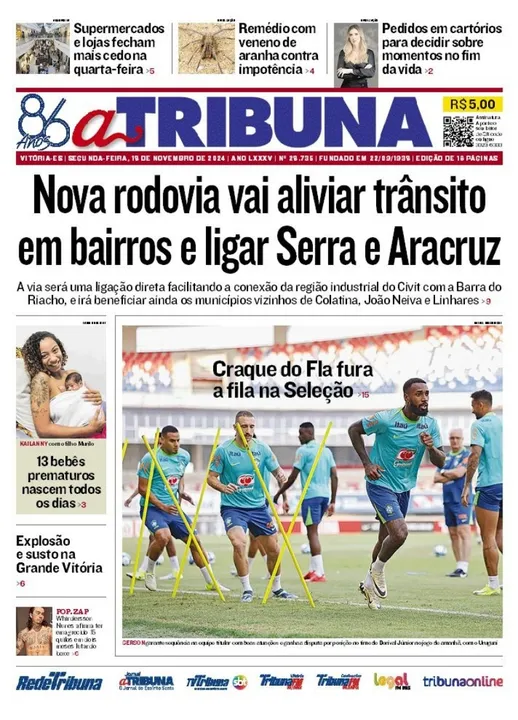 Imagem ilustrativa da imagem Confira os destaques do jornal A Tribuna desta segunda-feira