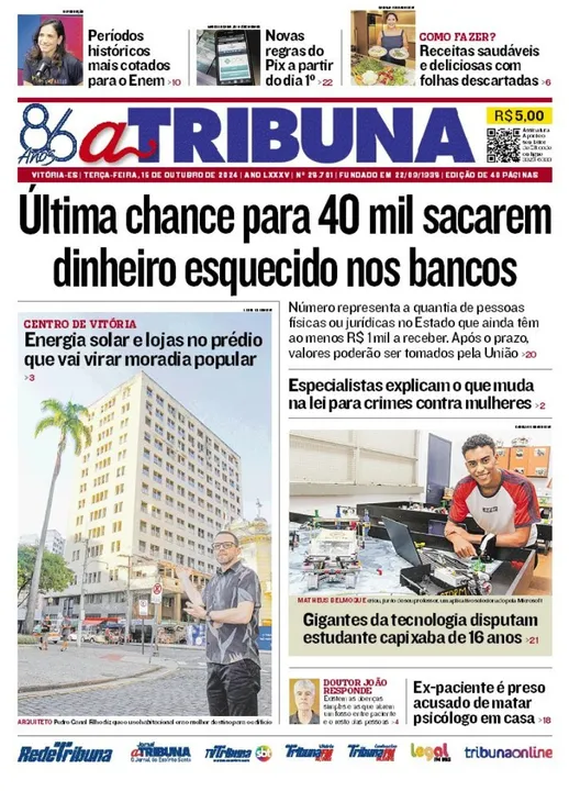 Imagem ilustrativa da imagem Confira os destaques do jornal A Tribuna desta terça-feira