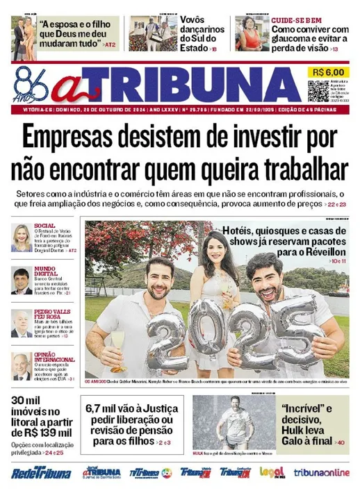 Imagem ilustrativa da imagem Confira os destaques do jornal A Tribuna deste domingo