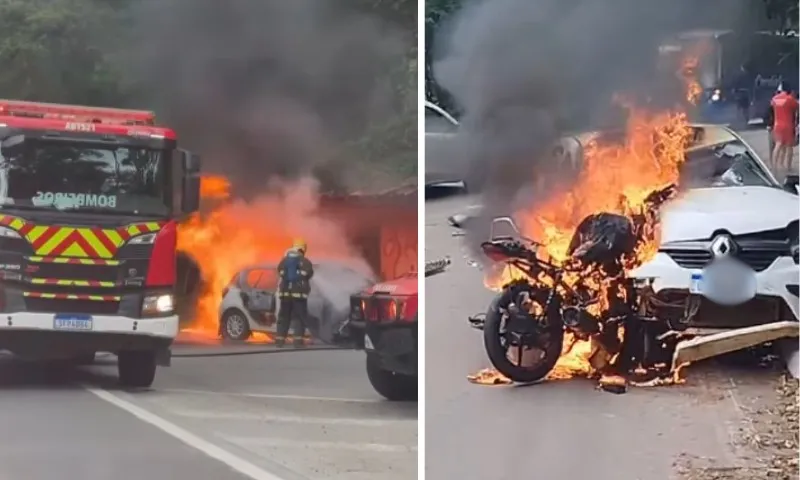 Imagem ilustrativa da imagem Veículos pegam fogo e motociclista é socorrido em estado grave após acidente no ES