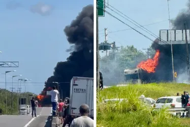 Imagem ilustrativa da imagem VÍDEO: Incêndio e tombamento de carreta interditam Rota do Atlântico, Litoral Sul