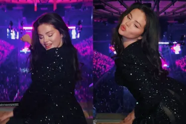 Imagem ilustrativa da imagem Selena Gomez sensualiza e bate cabelo em show de Sabrina Carpenter