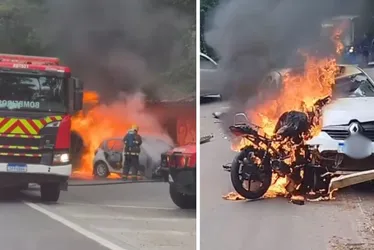 Imagem ilustrativa da imagem Veículos pegam fogo e motociclista é socorrido em estado grave após acidente no ES