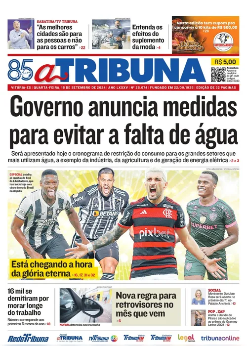 Imagem ilustrativa da imagem Confira os destaques do jornal A Tribuna desta quarta-feira