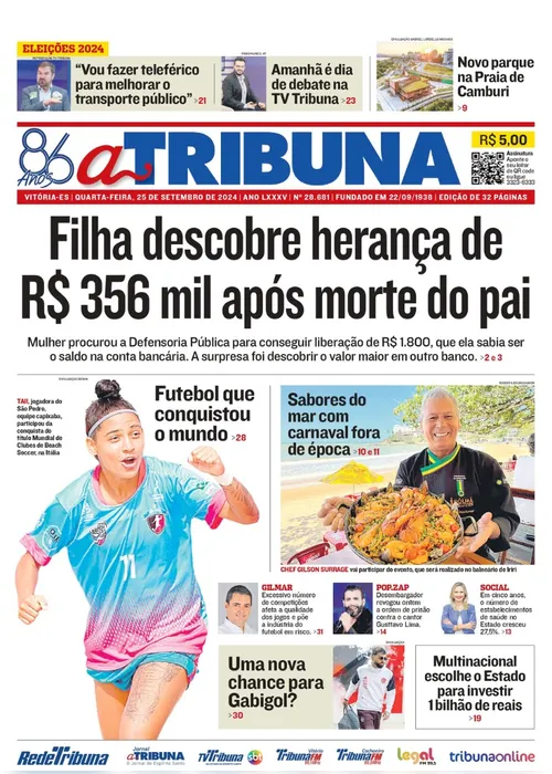 Imagem ilustrativa da imagem Confira os destaques do jornal A Tribuna desta quarta-feira