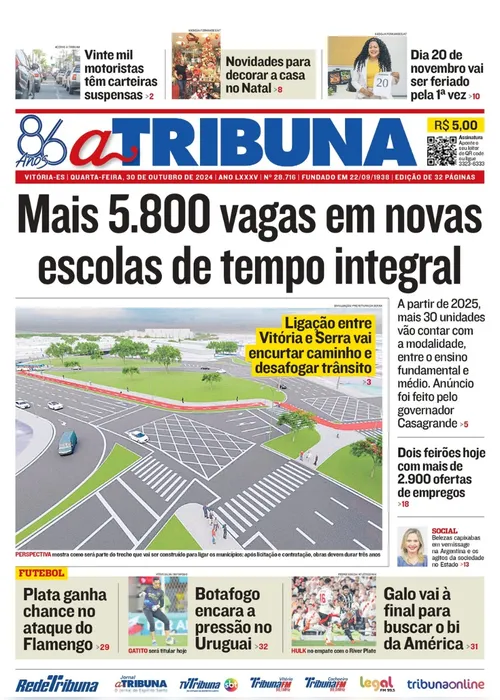 Imagem ilustrativa da imagem Confira os destaques do jornal A Tribuna desta quarta-feira