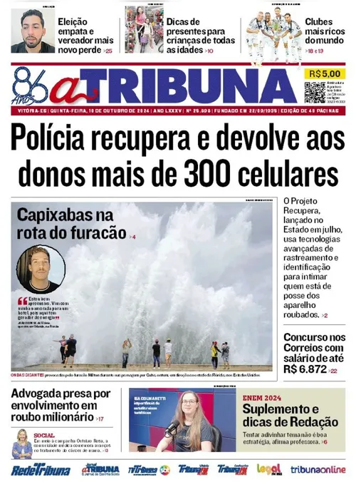 Imagem ilustrativa da imagem Confira os destaques do jornal A Tribuna desta quinta-feira