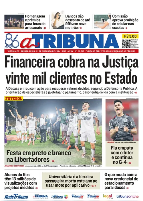 Imagem ilustrativa da imagem Confira os destaques do jornal A Tribuna desta quinta-feira