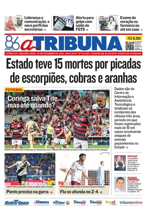 Imagem ilustrativa da imagem Confira os destaques do jornal A Tribuna desta segunda-feira