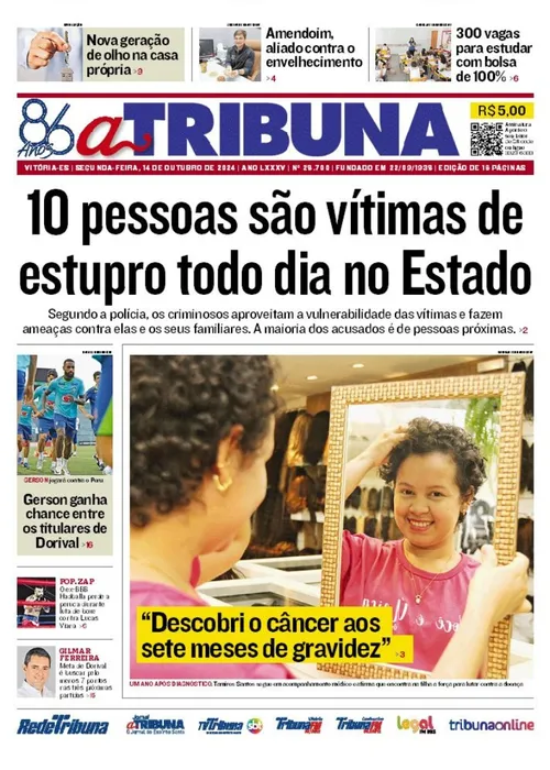 Imagem ilustrativa da imagem Confira os destaques do jornal A Tribuna desta segunda-feira