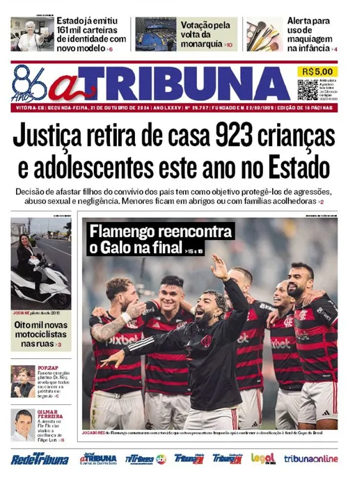 Imagem ilustrativa da imagem Confira os destaques do jornal A Tribuna desta segunda-feira