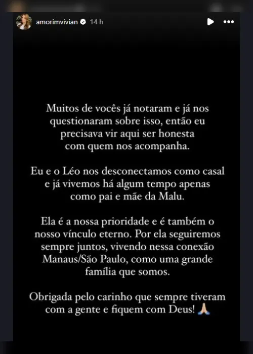 Imagem ilustrativa da imagem Ex-BBB Vivian Amorim anuncia fim do casamento com Leo Hirschmann