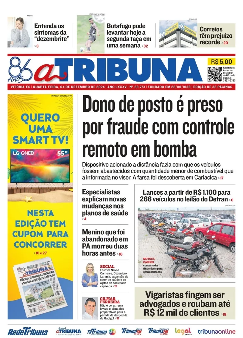 Imagem ilustrativa da imagem Confira os destaques do jornal A Tribuna desta quarta-feira