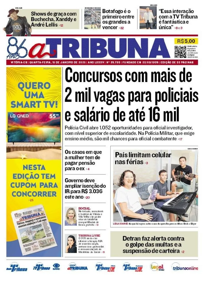 Imagem ilustrativa da imagem Confira os destaques do jornal A Tribuna desta quarta-feira