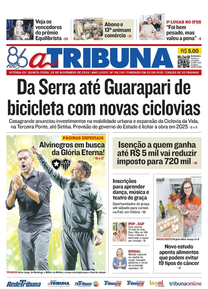 Imagem ilustrativa da imagem Confira os destaques do jornal A Tribuna desta quinta-feira