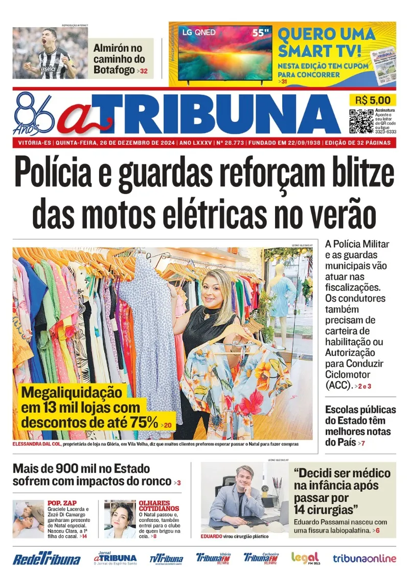 Imagem ilustrativa da imagem Confira os destaques do jornal A Tribuna desta quinta-feira