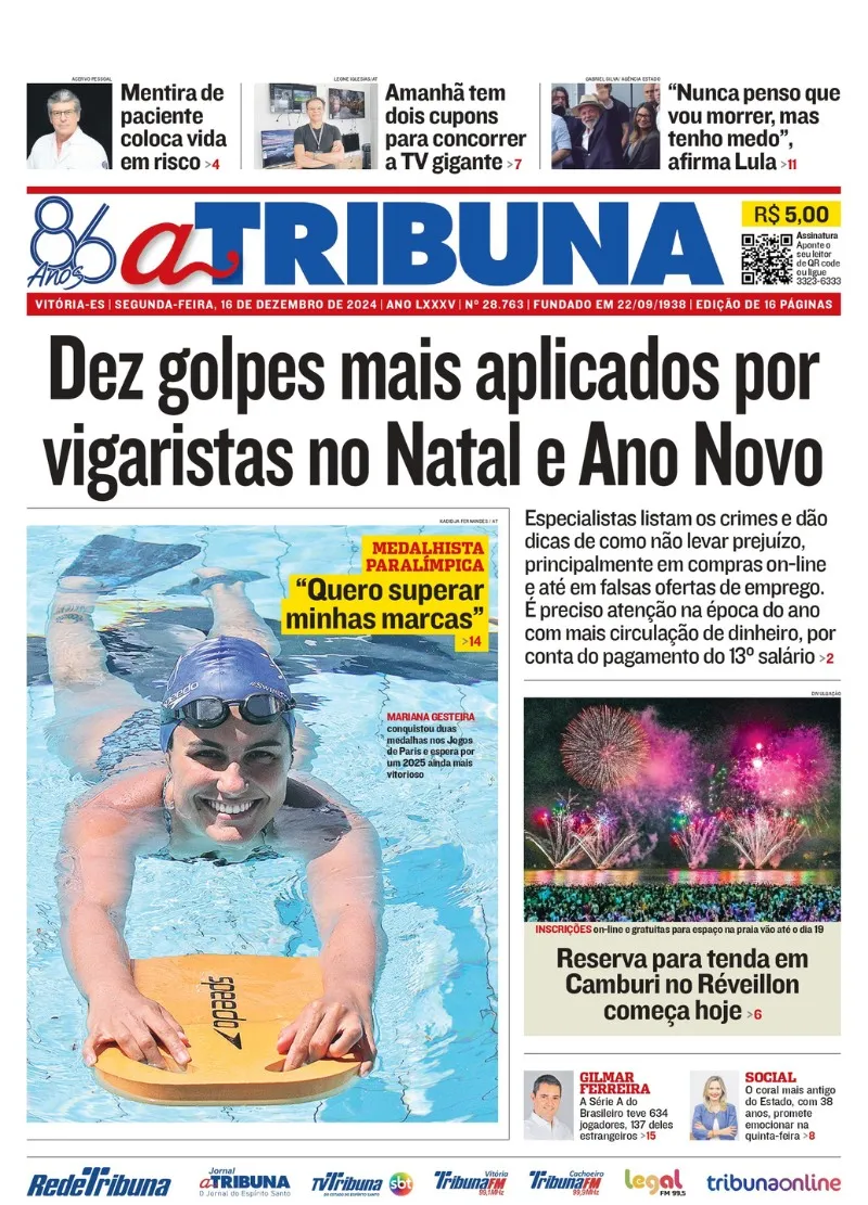 Imagem ilustrativa da imagem Confira os destaques do jornal A Tribuna desta segunda-feira