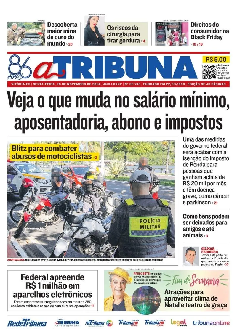 Imagem ilustrativa da imagem Confira os destaques do jornal A Tribuna desta sexta-feira