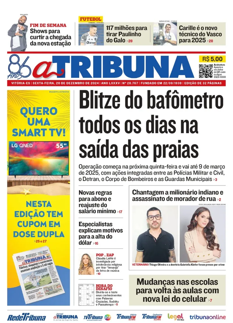 Imagem ilustrativa da imagem Confira os destaques do jornal A Tribuna desta sexta-feira