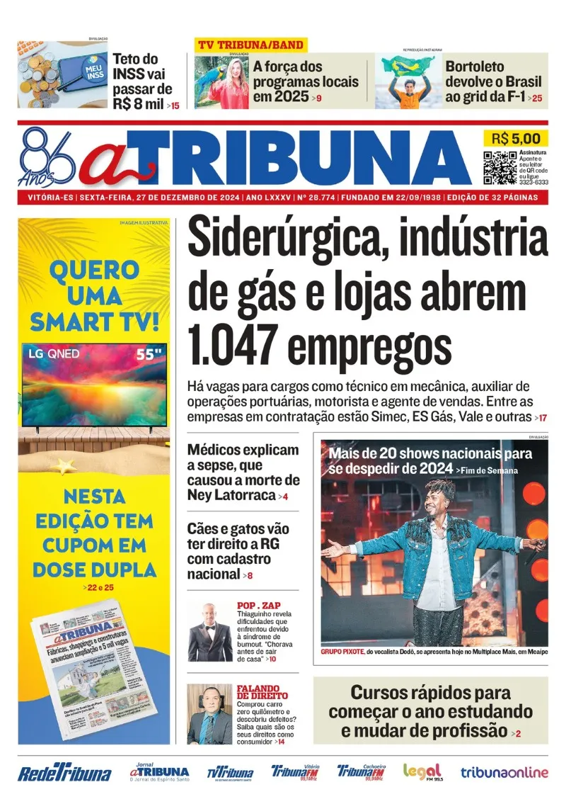 Imagem ilustrativa da imagem Confira os destaques do jornal A Tribuna desta sexta-feira