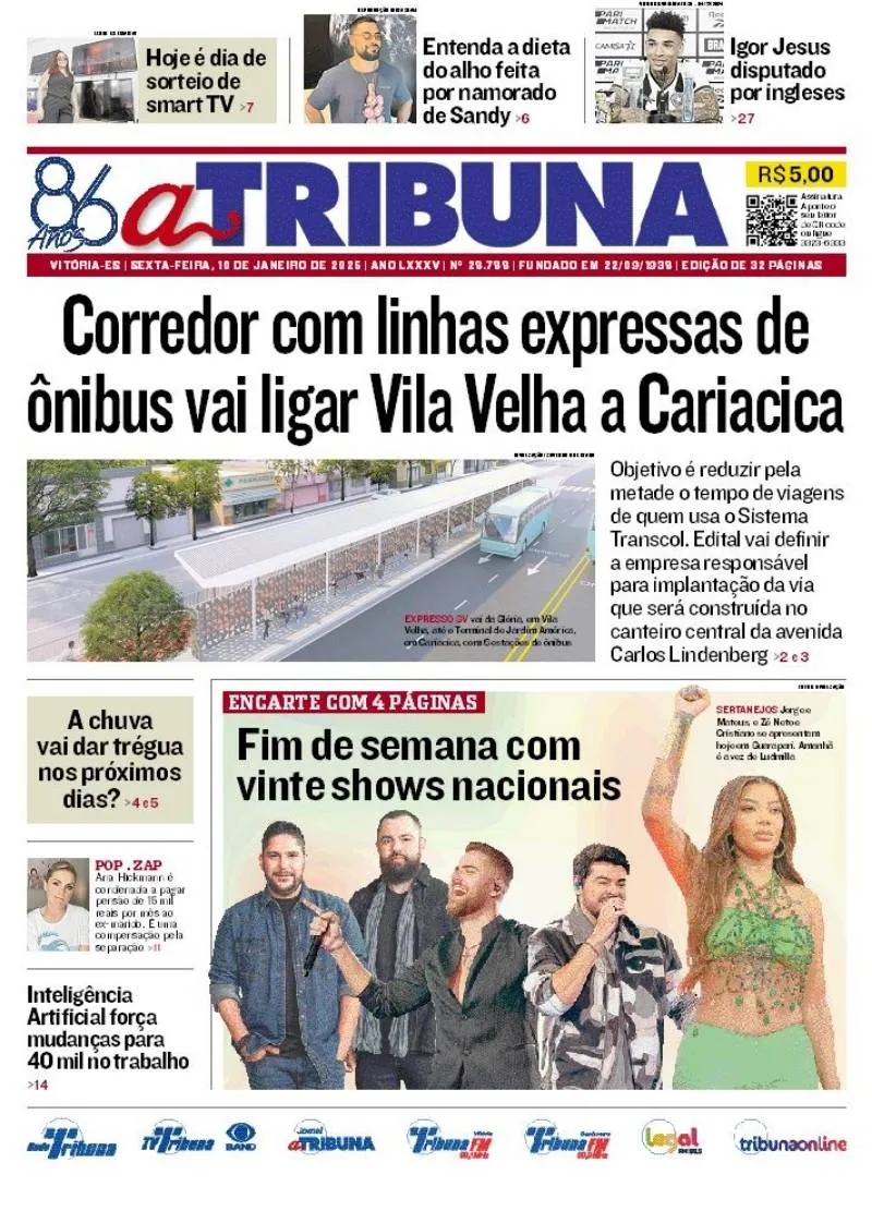 Imagem ilustrativa da imagem Confira os destaques do jornal A Tribuna desta sexta-feira