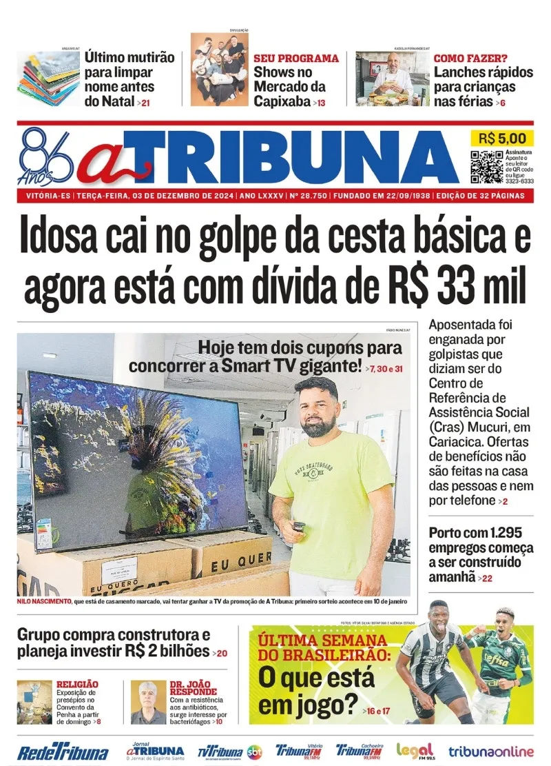 Imagem ilustrativa da imagem Confira os destaques do jornal A Tribuna desta terça-feira