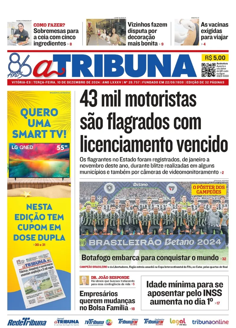 Imagem ilustrativa da imagem Confira os destaques do jornal A Tribuna desta terça-feira