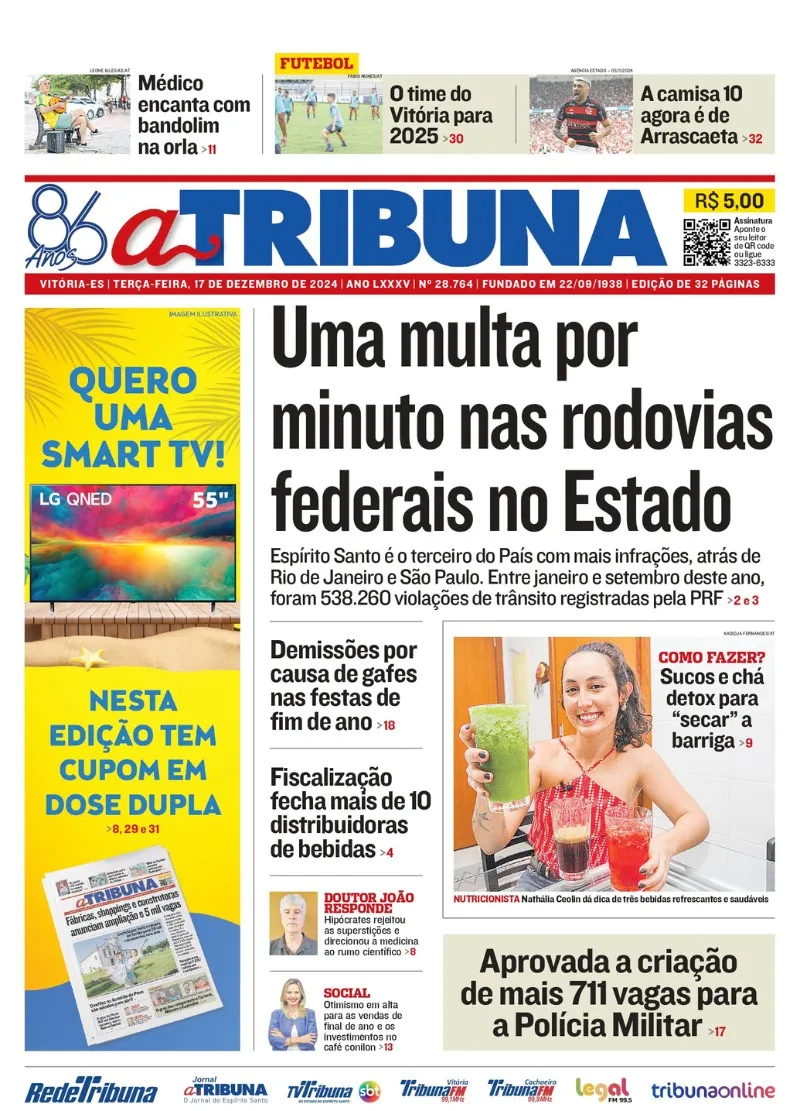 Imagem ilustrativa da imagem Confira os destaques do jornal A Tribuna desta terça-feira