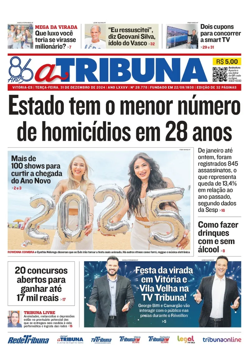 Imagem ilustrativa da imagem Confira os destaques do jornal A Tribuna desta terça-feira