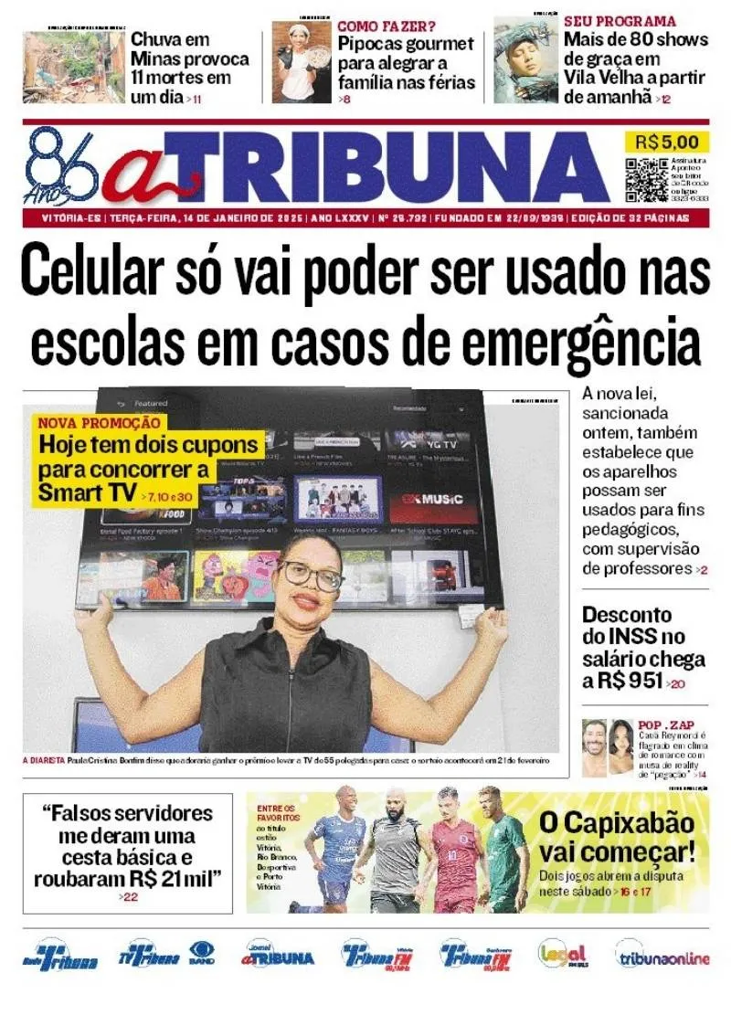 Imagem ilustrativa da imagem Confira os destaques do jornal A Tribuna desta terça-feira