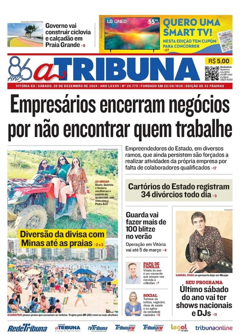 Imagem ilustrativa da imagem Confira os destaques do jornal A Tribuna deste sábado