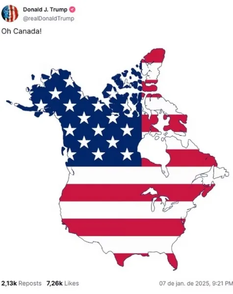 Imagem ilustrativa da imagem Trump publica nas redes sociais mapa em que Canadá aparece como parte dos EUA