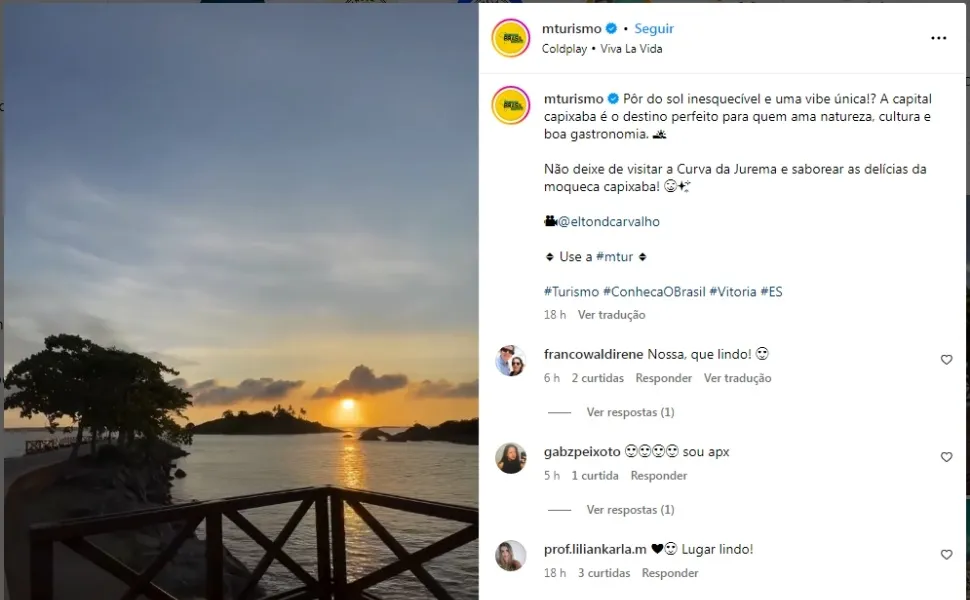 Imagem ilustrativa da imagem Vitória ganha destaque nas redes sociais do Ministério do Turismo