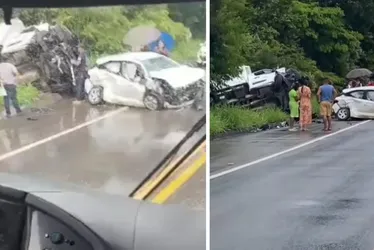 Imagem ilustrativa da imagem Acidente entre dois carros e caminhão deixa uma pessoa ferida no Norte do ES