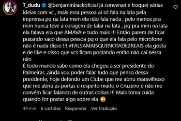 Imagem ilustrativa da imagem Dudu volta a atacar Leila Pereira e comete gafe: ‘Mais falsa que nota de 2 reais’