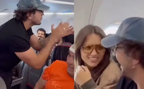 
          Imagem ilustrativa da imagem Nathan brinca "É um avião" e pede salva de palmas para Rafa Kalimann durante voo
          