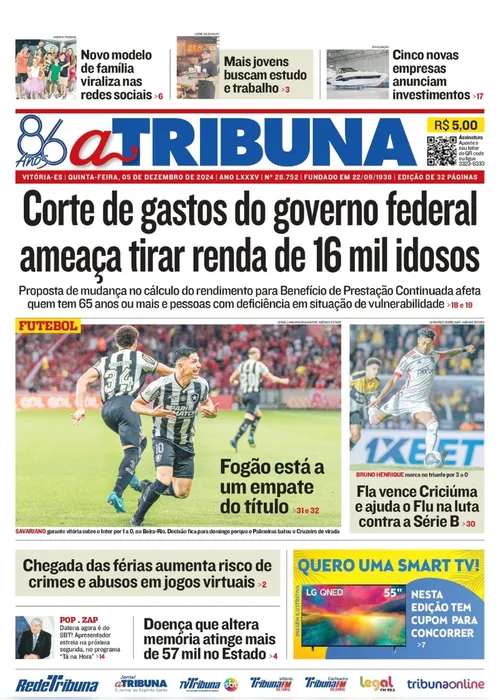 Imagem ilustrativa da imagem Confira os destaques do jornal A Tribuna desta quinta-feira