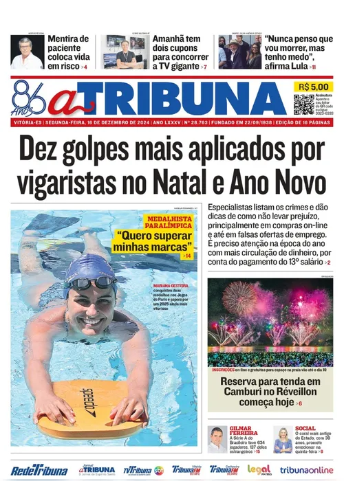 Imagem ilustrativa da imagem Confira os destaques do jornal A Tribuna desta segunda-feira