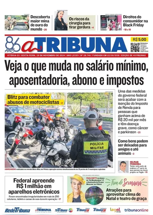 Imagem ilustrativa da imagem Confira os destaques do jornal A Tribuna desta sexta-feira