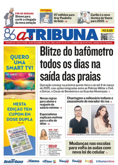 Imagem ilustrativa da imagem Confira os destaques do jornal A Tribuna desta sexta-feira